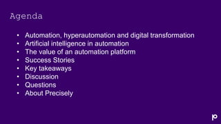Agenda
• Automation, hyperautomation and digital transformation
• Artificial intelligence in automation
• The value of an automation platform
• Success Stories
• Key takeaways
• Discussion
• Questions
• About Precisely
 