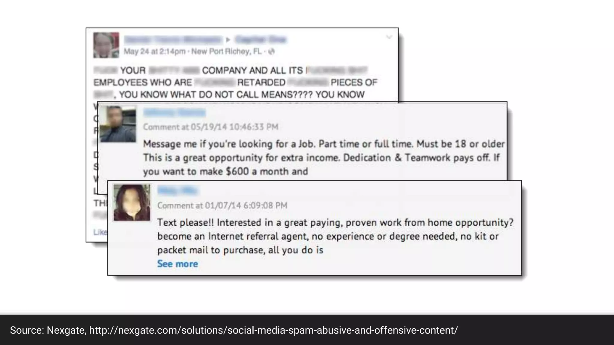Source: Nexgate, http://nexgate.com/solutions/social-media-spam-abusive-and-offensive-content/
 