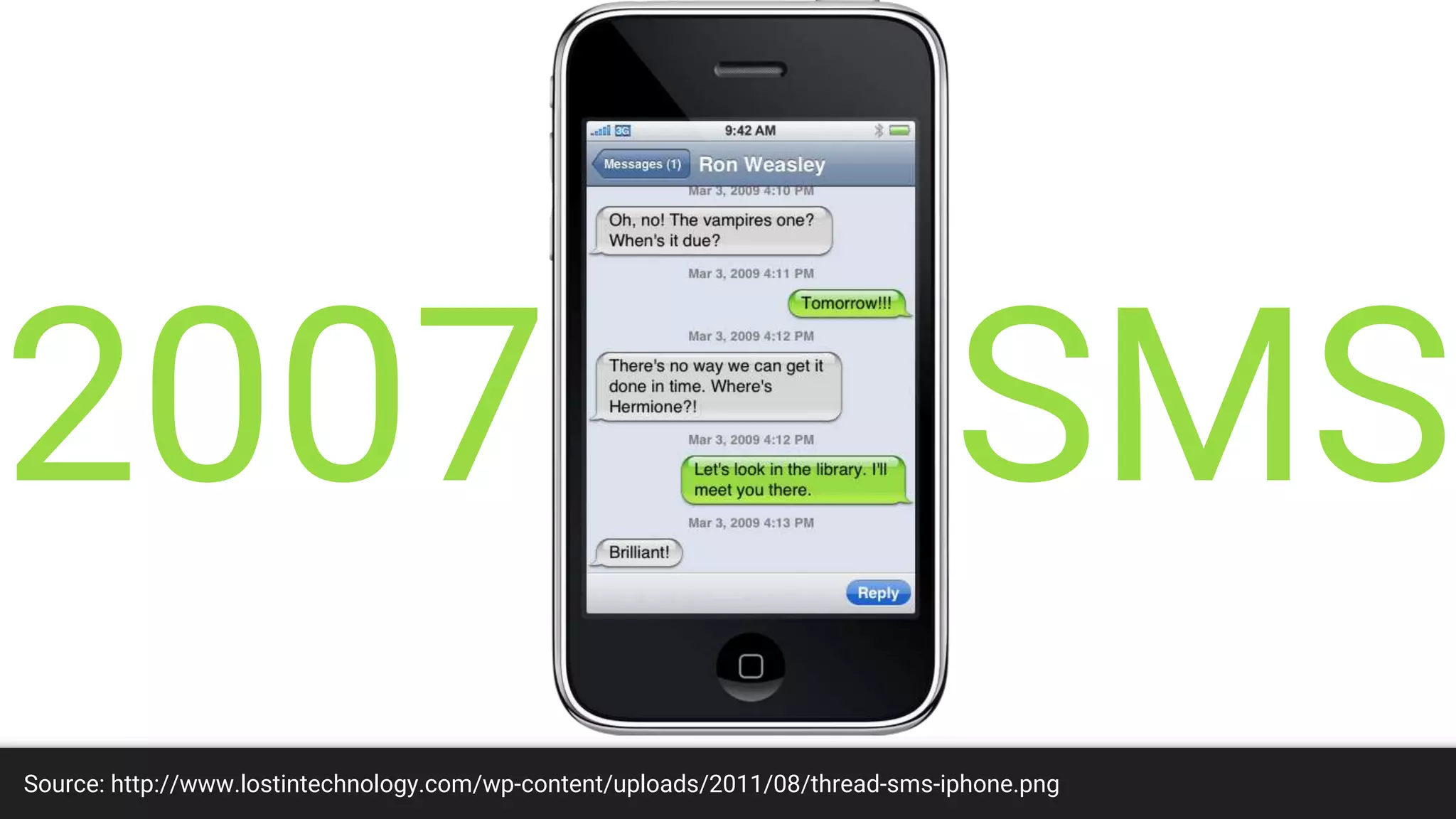 2007 SMS
Source: http://www.lostintechnology.com/wp-content/uploads/2011/08/thread-sms-iphone.png
 