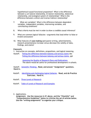 hypothetical/causal/functional proposition? What is the difference
     between a uni-lateral relationship, bi-lateral relationship, dialectical
     relationship, and ecological system of relationships? What is the
     difference between a direct and inverse/indirect relationship?

7.      What are variables? What is the difference between dependent
     variables, independent variables, intervening variables, and
     contributing conditions?

8.   What criteria must be met in order to draw a credible causal inference?

9.    What are common logical fallacies---arguments that lead either to false or
     invalid conclusions?

10. What features of case-making (persuasive writing, advertisements,
    research presentations) increase versus decrease the validity of data,
    findings, and claims?

Classwork.
1. Instruction on concepts, definitions, propositions, and logical reasoning.
Kozloff. Telling the difference between baloney and serious claims doc
           Telling the difference between baloney and serious claims ppt

           Assessing the Quality of Research Plans and Publications
           The above would be useful for professional development in schools.

Kozloff. Scientific Thinking. Read, and answer “Assignment” questions.
Hand in.

Kozloff.   Identifying and challenging logical fallacies. Read, and do Practice
                  Exercises. Hand in.

Kozloff. Three Levels of Research

Kozloff. Table of Levels of Research and Examples




2. Applications.
   Assignment. Use the resources in #1 above, and the “Checklist” and
   “Comprehensive Guidelines” below to criticize the set of articles below.
   Use the “writing assignments” to organize your critique.
 