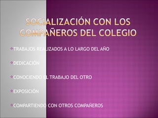 TRABAJOS   REALIZADOS A LO LARGO DEL AÑO

DEDICACIÓN



CONOCIENDO   EL TRABAJO DEL OTRO

EXPOSICIÓN



COMPARTIENDO   CON OTROS COMPAÑEROS
 