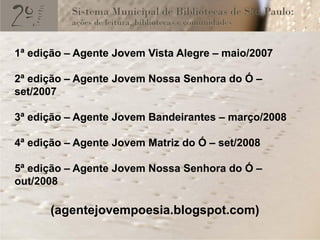 1ª edição – Agente Jovem Vista Alegre – maio/2007

2ª edição – Agente Jovem Nossa Senhora do Ó –
set/2007

3ª edição – Agente Jovem Bandeirantes – março/2008

4ª edição – Agente Jovem Matriz do Ó – set/2008

5ª edição – Agente Jovem Nossa Senhora do Ó –
out/2008

      (agentejovempoesia.blogspot.com)
 