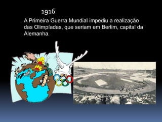 A Primeira Guerra Mundial impediu a realização
das Olimpíadas, que seriam em Berlim, capital da
Alemanha.
1916
 