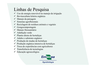 Linhas de Pesquisa
Uso de energia renovável no manejo da irrigação
Bovinocultura leiteira orgânica
Manejo da paisagem
Sistemas agroflorestais
Reciclagem de resíduos animais e vegetais
Gongocompostagem
Manejo fitossanitário
Adubação verde
Plantio direto de hortaliças
Adubo e substrato orgânico
Produção de mudas de hortaliças
Produção orgânica intensiva de hortaliças
Troca de experiências com agricultores
Transferência de tecnologias
Educação agroecológica
 