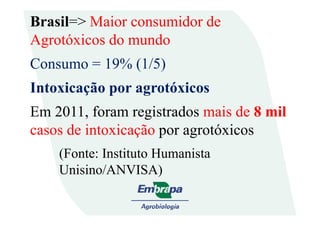 Brasil=> Maior consumidor de
Agrotóxicos do mundo
Consumo = 19% (1/5)
Intoxicação por agrotóxicos
Em 2011, foram registrados mais de 8 milEm 2011, foram registrados mais de 8 mil
casos de intoxicação por agrotóxicos
(Fonte: Instituto Humanista
Unisino/ANVISA)
 