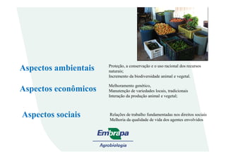 Proteção, a conservação e o uso racional dos recursos
naturais;
Incremento da biodiversidade animal e vegetal.
Aspectos ambientais
Aspectos sociais
Aspectos econômicos
Melhoramento genético,
Manutenção de variedades locais, tradicionais
Interação da produção animal e vegetal;
Relações de trabalho fundamentadas nos direitos sociais
Melhoria da qualidade de vida dos agentes envolvidos
 
