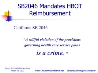 Indep. Football Veterans Conf.  March 25, 2011Hyperbaric Oxygen TherapiesNFL Veteran TBIBefore HBOT
