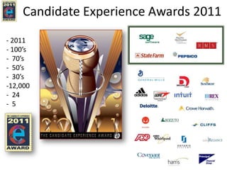 Candidate Experience Awards 2011
- 2011
- 100’s
- 70’s
- 50’s
- 30’s
-12,000
- 24
- 5
 