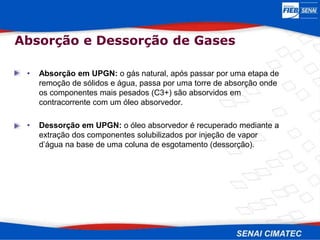 • Absorção em UPGN: o gás natural, após passar por uma etapa de
remoção de sólidos e água, passa por uma torre de absorção onde
os componentes mais pesados (C3+) são absorvidos em
contracorrente com um óleo absorvedor.
• Dessorção em UPGN: o óleo absorvedor é recuperado mediante a
extração dos componentes solubilizados por injeção de vapor
d’água na base de uma coluna de esgotamento (dessorção).
Absorção e Dessorção de Gases
 
