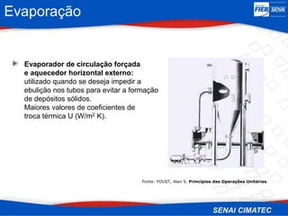 Evaporação
• Evaporador de circulação forçada
e aquecedor horizontal externo:
utilizado quando se deseja impedir a
ebulição nos tubos para evitar a formação
de depósitos sólidos.
Maiores valores de coeficientes de
troca térmica U (W/m2 K).
Fonte: FOUST, Alan S. Princípios das Operações Unitárias.
 