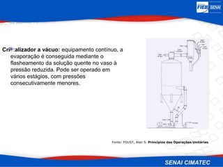 Cristalização
Cristalizador a vácuo: equipamento contínuo, a
evaporação é conseguida mediante o
flasheamento da solução quente no vaso à
pressão reduzida. Pode ser operado em
vários estágios, com pressões
consecutivamente menores.
Fonte: FOUST, Alan S. Princípios das Operações Unitárias.
 