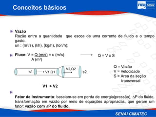 Conceitos básicos
Vazão
Razão entre a quantidade que escoa de uma corrente de fluido e o tempo
gasto.
un : (m³/s), (l/h), (kg/h), (ton/h);
Fluxo: V = Q (m/s) = u (m/s)
A (m²)
Fator de Instrumento: baseiam-se em perda de energia(pressão), ∆P do fluido,
transformação em vazão por meio de equações apropriadas, que geram um
fator: vazão com ∆P do fluido.
s1 V1,Q1
Q = V x S
Q = Vazão
V = Velocidade
S = Área da seção
transversal
s2
V2,Q2
V1 > V2
 