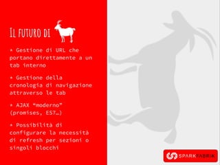 Il futuro di
* Gestione di URL che
portano direttamente a un
tab interno
* Gestione della
cronologia di navigazione
attraverso le tab
* AJAX “moderno”
(promises, ES7…)
* Possibilità di
configurare la necessità
di refresh per sezioni o
singoli blocchi
 