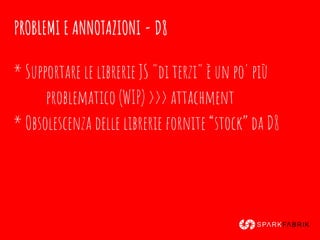 PROBLEMI E ANNOTAZIONI - D8
* Supportare le librerie JS "di terzi" è un po' più
problematico (WIP) >>> attachment
* Obsolescenza delle librerie fornite “stock” da D8
 