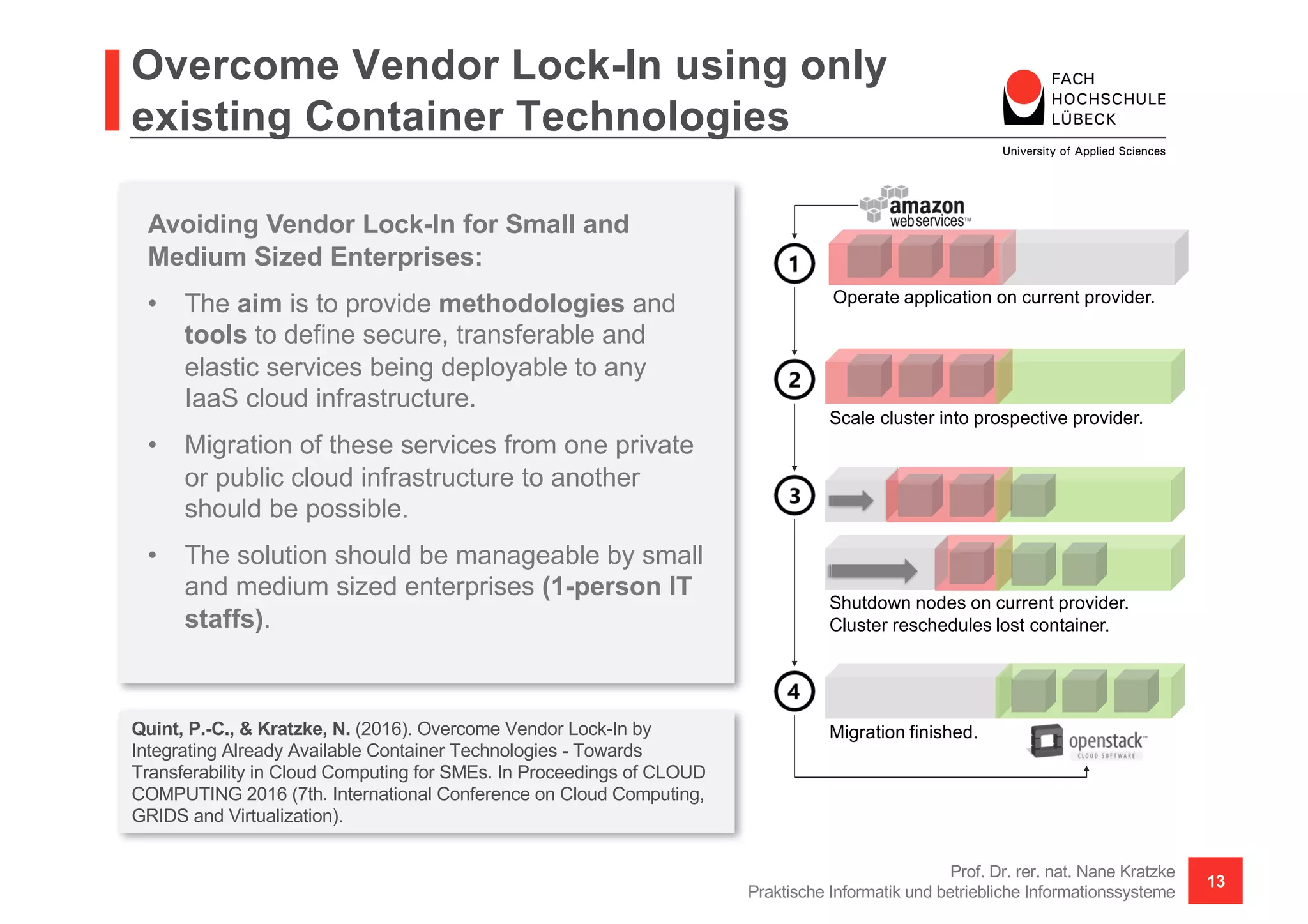 Overcome Vendor Lock-In using only
existing Container Technologies
Prof. Dr. rer. nat. Nane Kratzke
Praktische Informatik und betriebliche Informationssysteme
13
Operate application on current provider.
Scale cluster into prospective provider.
Shutdown nodes on current provider.
Cluster reschedules lost container.
Migration finished.Quint, P.-C., & Kratzke, N. (2016). Overcome Vendor Lock-In by
Integrating Already Available Container Technologies - Towards
Transferability in Cloud Computing for SMEs. In Proceedings of CLOUD
COMPUTING 2016 (7th. International Conference on Cloud Computing,
GRIDS and Virtualization).
Avoiding Vendor Lock-In for Small and
Medium Sized Enterprises:
• The aim is to provide methodologies and
tools to define secure, transferable and
elastic services being deployable to any
IaaS cloud infrastructure.
• Migration of these services from one private
or public cloud infrastructure to another
should be possible.
• The solution should be manageable by small
and medium sized enterprises (1-person IT
staffs).
 