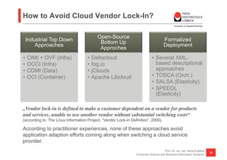 How to Avoid Cloud Vendor Lock-In?
Industrial Top Down
Approaches
• CIMI + OVF (Infra)
• OCCI (Infra)
• CDMI (Data)
• OCI ...