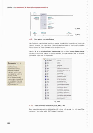 Unidad 6 - Transferencia de datos y funciones matemáticas
Recuerda • • •
Las funciones
matemáticas nos
permiten realizar
cálculos tanto con
operaciones básicas
(sumar, restar,
multiplicar y dividir)
como avanzadas (raíz
cuadrada, potencia,
logaritmos, funciones
trigonométricas. . .) .
186
"I.M0.1
•ETAPA 1 • MOVE
f--- EN -
"/MW,008 "I.MW7010
"PEDIDO SIN
GRABADO" -IN
"PROCESADAS
OUTI - ROJAS'
"/MW,014
'PROCESADAS
OUl2 - VERDE"
"I.MWJ0 1 2
" PROCESADAS
,� OUT3 - AMARILLAS•
"I.M0.1
APA 1•
"I.M8191.5
"clock_1 Hl
'Y,Q2.2
•H1_vEROE"
1-------1/1-----------------1 )------,
6.2 Funciones matemáticas
Fig. 6.9b
Fig. 6.9c
Las funciones matemáticas permiten realizar operaciones matemáticas, tanto con
valores enteros, con o sin signo, como con valores reales, y guardar el resultado
en el registro de salida indicado en el parámetro OUT.
Dentro de la carpeta Funciones matemáticas del catálogo Instrucciones básicas
podemos encontrar todos los tipos posibles de operaciones que se pueden
programar y que son los siguientes:
,.. [fil Funciones matemáticas
� CALCULA.lE
� ADD
� SUB
� MJL
� DIV
� MOD
� NEG
� INC
� DEC
� ABS
.. MIN
.. MAX
• urvtT
� SQR
� SQRT
� LN
� EXP
� SIN
� cos
� TAN
� ASIN
� ACOS
� ATAN
� FRAC
� EXPT
Ca lcula r
Sumar
Resta r
Multiplicar
Dividir
Obtener re.io de división
Generar complemento a dos
Incrementar
Decrementa r
Calculo r valor a bsoluto
Determinar mínimo
Determinar máximo
Ajusta r valor límite
Ca lcular cuadrado
Ca lcula r ra ízcuadrada
Ca lcula r logaritmo natura l
Ca lcula r valor exponencia 1
Calcular va lor de seno
Calcula r valor de coseno
Ca lcula r va lor de tangente
Ca lcular va lor de a ,coseno
Calcular va lor de a rcocoseno
Ca lcula r valor de a rcota ngente
Determinar decimales
Eleva r a potencia
Fig. 6.10
6.2.1 Operaciones básicas ADD, SUB, MUL, DIV
Este grupo de operaciones básicas tiene la misma estructura: «n» entradas (INx)
de datos y una única salida (OUT) para el resultado.
V
J
V
 