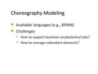  Available languages (e.g., BPMN)
 Challenges
 How to support business vocabularies/rules?
 How to manage redundant elements?
MODELS 2009
Choreography Modeling
 
