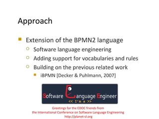  Extension of the BPMN2 language
 Software language engineering
 Adding support for vocabularies and rules
 Building on the previous related work
 iBPMN [Decker & Puhlmann, 2007]
MODELS 2009
Approach
Greetings for the EDOC friends from
the International Conference on Software Language Engineering
http://planet-sl.org
 