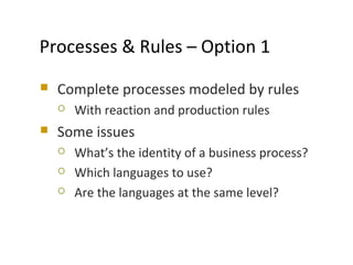 Processes & Rules – Option 1
 Complete processes modeled by rules
 With reaction and production rules
 Some issues
 What’s the identity of a business process?
 Which languages to use?
 Are the languages at the same level?
 