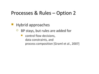 Processes & Rules – Option 2
 Hybrid approaches
 BP stays, but rules are added for
 control flow decisions,
data constraints, and
process composition [Graml et al., 2007]
 