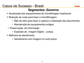 23
Casos de Sucesso - Brasil
Segmentos: Governo
 Atualização dos equipamentos de microfilmagem tradicional
 Redução de custo para fazer a microfilmagem:
• Mão de obra para fazer a captura e indexação dos documentos
• Manutenção de equipamentos antigos.
• Preservação da Informação
• Explosão de imagem Digital - Justiça
 Melhoria de atendimento
• Atendimento com imagem no curto prazo
 