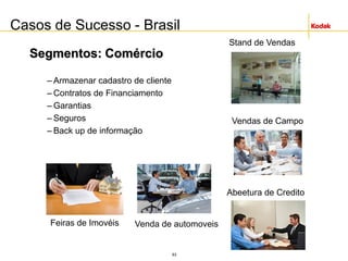 63
Segmentos: Comércio
– Armazenar cadastro de cliente
– Contratos de Financiamento
– Garantias
– Seguros
– Back up de informação
Casos de Sucesso - Brasil
Feiras de Imovéis
Stand de Vendas
Vendas de Campo
Abeetura de Credito
Venda de automoveis
 