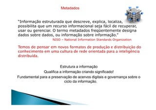 “Informação estruturada que descreve, explica, localiza, ou ainda
possibilita que um recurso informacional seja fácil de recuperar,
usar ou gerenciar. O termo metadados freqüentemente designa
dados sobre dados, ou informação sobre informação.”
NISO – National Information Standards Organization
Temos de pensar em novos formatos de produção e distribuição do
conhecimento em uma cultura de rede orientada para a inteligência
distribuída.
Metadados
distribuída.
Estrutura a informação
Qualifica a informação criando significado!
Fundamental para a preservação de acervos digitais e governança sobre o
ciclo da informação.
 