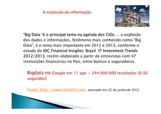 A explosão da informação
“Big Data “é o principal tema na agenda dos“Big Data “é o principal tema na agenda dos“Big Data “é o principal tema na agenda dos“Big Data “é o principal tema na agenda dos CIOsCIOsCIOsCIOs ... a explosão
dos dados e informações, fenômeno mais conhecido como "Big
Data", é o tema mais importante em 2012 e 2013, conforme o
estudo do IDC Financial Insights:IDC Financial Insights:IDC Financial Insights:IDC Financial Insights: BrazilBrazilBrazilBrazil ITITITIT InvestmentInvestmentInvestmentInvestment TrendsTrendsTrendsTrends
2012/20132012/20132012/20132012/2013, recém-elaborado a partir de entrevistas com 472012/20132012/20132012/20132012/2013, recém-elaborado a partir de entrevistas com 47
instituições financeiras no País, entre bancos e seguradoras.
Bigdata no Google em 11 ago = 244.000.000 resultados (0,30
segundos)
Fonte: http://www.idclatin.com acessado em 22 de junho de 2012
 