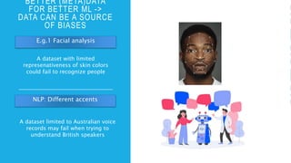 BETTER (META)DATA
FOR BETTER ML ->
DATA CAN BE A SOURCE
OF BIASES
A dataset with limited
represenativeness of skin colors
could fail to recognize people
E.g.1 Facial analysis
NLP: Different accents
A dataset limited to Australian voice
records may fail when trying to
understand British speakers
 