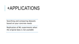+APPLICATIONS
Searching and comparing datasets
based on your concrete needs
Replication of ML experiments when
the original data is not available
 