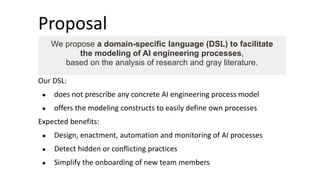 Proposal
Our DSL:
● does not prescribe any concrete AI engineering process model
● offers the modeling constructs to easily define own processes
Expected benefits:
● Design, enactment, automation and monitoring of AI processes
● Detect hidden or conflicting practices
● Simplify the onboarding of new team members
We propose a domain-specific language (DSL) to facilitate
the modeling of AI engineering processes,
based on the analysis of research and gray literature.
 