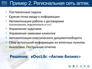 Пример 2. Региональная сеть аптек.
• Поставленные задачи
• Единая точка входа к информации
• Автоматизация работы с договорами
(согласование, версионность и т.п.)
• Управление задачами
• Управление заявками клиентов
• Автоматизация классического документооборота
• Сбор актуальной информации из аптечных пунктов
• Аналитика. Построение отчетов
Решение: eDocLib: «Актив-Бизнес»
 