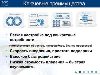 Ключевые преимущества
• Легкая настройка под конкретные
потребности
(«конструктор» объектов, интерфейсов, бизнес-процессов)
• Скорость внедрения, простота поддержки
• Высокое быстродействие
• Низкая стоимость владения – быстрая
окупаемость
 
