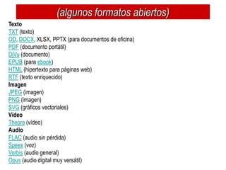 (algunos formatos abiertos)
Texto
TXT (texto)
OD, DOCX, XLSX, PPTX (para documentos de oficina)
PDF (documento portátil)
DjVu (documento)
EPUB (para ebook)
HTML (hipertexto para páginas web)
RTF (texto enriquecido)
Imagen
JPEG (imagen)
PNG (imagen)
SVG (gráficos vectoriales)
Vídeo
Theora (vídeo)
Audio
FLAC (audio sin pérdida)
Speex (voz)
Vorbis (audio general)
Opus (audio digital muy versátil)
 
