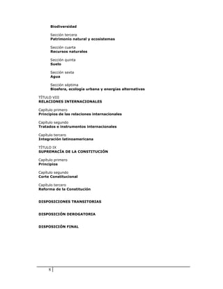 Biodiversidad

      Sección tercera
      Patrimonio natural y ecosistemas

      Sección cuarta
      Recursos naturales

      Sección quinta
      Suelo

      Sección sexta
      Agua

      Sección séptima
      Biosfera, ecología urbana y energías alternativas

TÍTULO VIII
RELACIONES INTERNACIONALES

Capítulo primero
Principios de las relaciones internacionales

Capítulo segundo
Tratados e instrumentos internacionales

Capítulo tercero
Integración latinoamericana

TÍTULO IX
SUPREMACÍA DE LA CONSTITUCIÓN

Capítulo primero
Principios

Capítulo segundo
Corte Constitucional

Capítulo tercero
Reforma de la Constitución


DISPOSICIONES TRANSITORIAS


DISPOSICIÓN DEROGATORIA


DISPOSICIÓN FINAL




     8
 