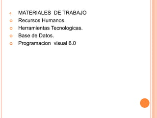 MATERIALES  DE TRABAJORecursos Humanos.Herramientas Tecnologicas.Base de Datos.Programacion  visual 6.0
