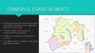 CLIMA EN EL ESTADO DE MEXICO
 El 73% del estado presenta clima templado
subhúmedo, localizado en los valles altos
del norte, centro y este.
 El 21% es cálido subhúmedo y se
encuentra hacia el suroeste.
 El 6% seco y semi seco, presente en el
noreste.
 El 0.16% clima frío, localizado en las partes
altas de los volcanes.
 