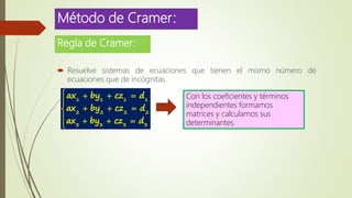 Método de Cramer:
 Resuelve sistemas de ecuaciones que tienen el mismo número de
ecuaciones que de incógnitas.
Regla de Cramer:
1 1 1 1
2 2 2 2
3 3 3 3
ax by cz d
ax by cz d
ax by cz d
   

  
   
Con los coeficientes y términos
independientes formamos
matrices y calculamos sus
determinantes.
 