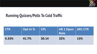 #tcs2017 facebook.com/RolandFrasierPage
Running Quizzes/Polls To Cold Traffic
CTR Opt-In % CPL AR 1 Open
Rate
AR1 CTR
4.33% 41.7% $0.14 32% 13%
 