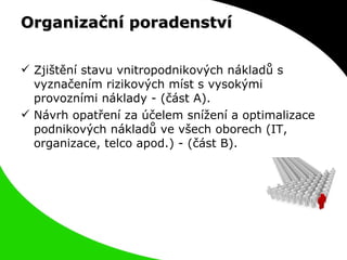Organizační poradenství Zjištění stavu vnitropodnikových nákladů s vyznačením rizikových míst s vysokými provozními náklady - (část A). Návrh opatření za účelem snížení a optimalizace podnikových nákladů ve všech oborech (IT, organizace, telco apod.) - (část B). 