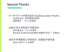 Special Thanks
- サイボウズ・ラボ株式会社 (Cybozu Labs Youth)
- 光成滋生氏　研究開発を指導
- 星野喬氏　　マシンを借用
- 法政大学大学院理工学研究科
- 金井敦先生　マシンを借用
- Akira氏 (@akiranet2580) 実験の手伝い、目覚まし
- 東京大学情報理工学研究科　加藤真平研究室
- Xeon phiマシンを借用
 