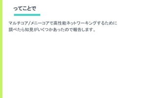 ってことで
マルチコア/メニーコアで高性能ネットワーキングするために
調べたら知見がいくつかあったので報告します。
 