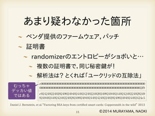 ⎃⎿⏋դ⏐⎫⎌⎤⎠Ѡࡿ 
␕␯⏼ଚ֤⎯␑⏝⍬␜⏢⏣⏞ろ␍⏿⏽ 
࣍෗ࢆ 
UDQGRPL]HU⎯⏤␯␄␩␐⍬⎍⏳␣␘⎅⎩Ƨ 
೾ॅ⎯࣍෗ࢆ⎨ろஔ⎙ಊවٯ⎍ん 
ѽॾ൚⎰を⎩⎐⏍⎱キ␢⍬⏫␦⏿␅⎯ڞ࢑൚ギ 
c000000000000000000000000000000000000000000000000000000000000000 
00000000000000000000000000000000000000000000000000000000000002f9 
c924249224929249924949244924249224929249924949244924249224929249 
92494924492424922492924992494924492424922492924992494924492424e5 
むっちゃ 
デッカい値 
ではある 
Daniel J. Bernstein, et al.“Factoring RSA keys from certified smart cards: Coppersmith in the wild” 2013 
15 €085$$0$1$2., 
 