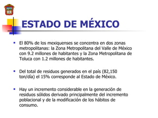 ESTADO DE MÉXICO El 80% de los mexiquenses se concentra en dos zonas metropolitanas: la Zona Metropolitana del Valle de México con 9.2 millones de habitantes y la Zona Metropolitana de Toluca con 1.2 millones de habitantes. Del total de residuos generados en el país (82,150 ton/día) el 15% corresponde al Estado de México. Hay un incremento considerable en la generación de residuos sólidos derivado principalmente del incremento poblacional y de la modificación de los hábitos de consumo. 