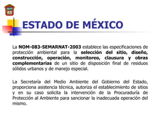 ESTADO DE MÉXICO La  NOM-083-SEMARNAT-2003  establece las especificaciones de protección ambiental para la  selección del sitio, diseño, construcción, operación, monitoreo, clausura y obras complementarias  de un sitio de disposición final de residuos sólidos urbanos y de manejo especial. La Secretaría del Medio Ambiente del Gobierno del Estado, proporciona asistencia técnica, autoriza el establecimiento de sitios y en su caso solicita la intervención de la Procuraduría de Protección al Ambiente para sancionar la inadecuada operación del mismo. 