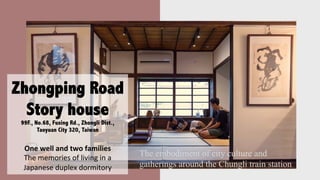 Zhongping Road
Story house
99F., No.68, Fuxing Rd., Zhongli Dist.,
Taoyuan City 320, Taiwan

One	well	and	two	families
The	memories	of	living	in	a	
Japanese	duplex	dormitory
The embodiment of city culture and
gatherings around the Chungli train station	
 