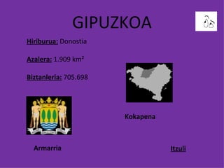 GIPUZKOA Hiriburua:  Donostia Azalera:  1.909 km² Biztanleria:  705.698 Kokapena Armarria Itzuli 