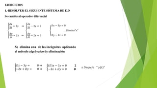 EJERCICIOS
1.-RESOLVER EL SIGUIENTE SISTEMA DE E.D
Se cambia al operador diferencial
𝑑𝑥
𝑑𝑡
= 3𝑦 ⇒
𝑑𝑦
𝑑𝑡
= 2𝑥 ⇒
𝑑𝑥
𝑑𝑡
− 3𝑦 = 0
𝑑𝑦
𝑑𝑡
− 2𝑥 = 0
𝐷𝑥 − 3𝑦 = 0
𝐷𝑦 − 2𝑥 = 0
𝐸𝑙𝑖𝑚𝑖𝑛𝑜"𝑥"
Se elimina una de las incógnitas aplicando
el método algebraico de eliminación
𝐷𝑥 − 3𝑦 = 0 ⇒
−2𝑥 + 𝐷𝑦 = 0 ⇒
𝐷 𝑥 − 3𝑦 = 0 𝟐
−2𝑥 + 𝐷𝑦 = 0 𝑫
𝑥 𝐷𝑒𝑠𝑝𝑒𝑗𝑎 " 𝑦(𝑡)"
 