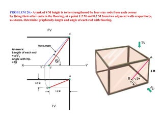 4 M
TV
PROBLEM 20:- A tank of 4 M height is to be strengthened by four stay rods from each corner
by fixing their other ends to the flooring, at a point 1.2 M and 0.7 M from two adjacent walls respectively,
as shown. Determine graphically length and angle of each rod with flooring.
A
B
a
b
a’
b’
b’1
True Length
Answers:
Length of each rod
= a’b’1
Angle with Hp.
=
X Y
TV
FV
 